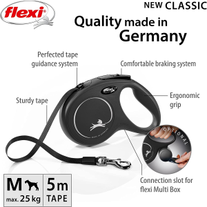 Flexi Classic Tape Retractable Dog Lead Black Medium 5 Metres