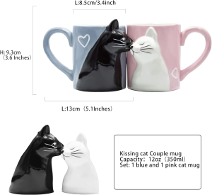 Kiss Cat Coffee Couple Mug Set, Unique Funny Tea Ceramic Cup Set for Bride and Groom, Matching Gift for Birthday, Anniversary, Wedding, Engagement Valentines Day Girlfriend Wife