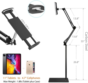 Tablet Floor Stand, Overhead Bed Phone Stand Angle Height Adjustable Holder, Universal Floor Stand Compatible with Iphone Ipad Pro Air Mini, Samsung Tab, Kindle, E-Readers