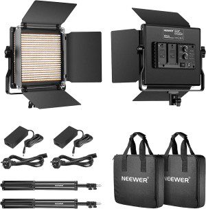 NEEWER 2 Pieces Bi-Color 660 LED Video Light and Stand Kit Includes:(2)3200-5600K CRI 96+ Dimmable Light with U Bracket and Barndoor and (2)75 Inches Light Stand for Studio Photography, Video Shooting