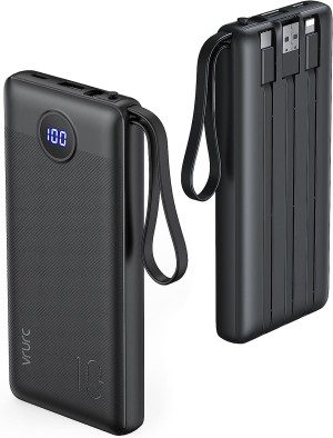 VRURC 10000Mah Power Bank USB C with Built in 4 Cables, Slim Portable Charger with 5 Outputs & 2 Inputs,Led Display External Cell Phone Battery Pack Compatible with Iphone Samsung Android Etc- Black