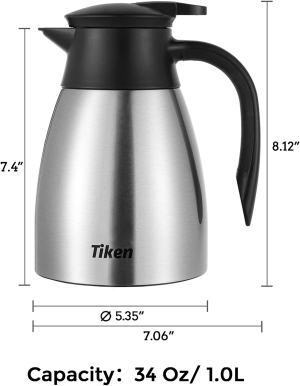 Tiken 34 Oz Thermal Coffee Carafe, Stainless Steel Insulated Vacuum Coffee Carafes for Keeping Hot, 1 Liter Beverage Dispenser (Silver)