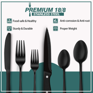 Hiware 24 Pieces Matte Black Silverware Set with Steak Knives for 4, Stainless Steel Flatware Cutlery Set, Hand Wash Recommended