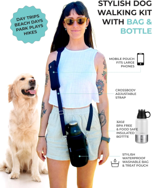 SEASSUN Dog Water Bottle and Dog Walking Bag with Mobile Phone Holder – 950Ml Insulated Dog Drink Bottle with Two Detachable Dog Bowls & Neoprene Adjustable Crossbody Bag with Dog Treat Pouch