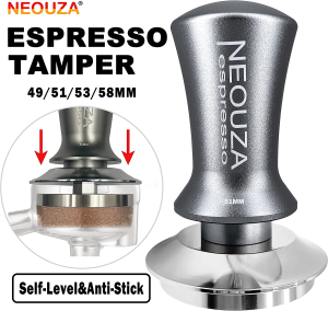 NEOUZA Coffee Tamper Spring Loaded for Espresso Machine Anti-Stick Self-Leveling,Stainless Steel Flat Base,Refined Aluminium Handle (58Mm, Silver Gray Matte)