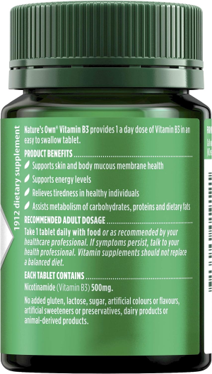 Nature’S Own Vitamin B3 500Mg Tablets 120 – Vitamin B Supports Energy Levels & Relieves Tiredness in Healthy Individuals – Aids Metabolism of Carbohydrates & Dietary Fats – Supports Skin Health