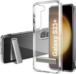 T Tersely Clear Stand Case Cover for Samsung Galaxy S23, with Metal Kickstand, Crystal Clear Scratch-Resistant Hard Back Slim Cover, Wireless Charging Compatible