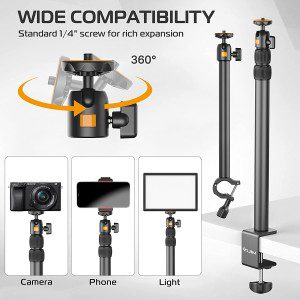 VIJIM LS02 Camera Desk Mount Stand with Auxiliary Holding Arm, Extendable Tabletop Aluminum Desk Clamp with Rotatable Ball Head & Phone Holder, Standard ¼ Screw for DSLR Camera, Ring Light & Webcam