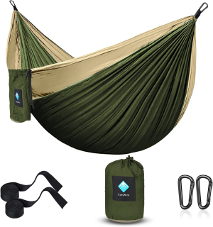 Hammock Camping Portable Single Hammocks for Outdoor Hiking Travel Backpacking – 210D Nylon Tree Tent Swing Beds for Backyard & Garden Hammock 55”W108”L (Olive/Dark Khaki)