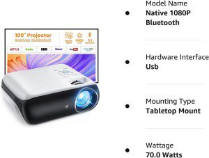 Projector, Native 1080P Bluetooth Projector with 100”Screen, 9500L Portable Outdoor Movie Projector Compatible with Smartphone, Hdmi,Usb,Av,Fire Stick, PS5