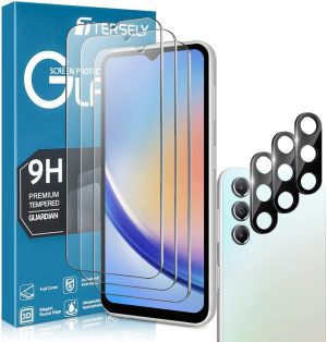 【3+3 Pack 】T Tersely Screen Protector for Samsung Galaxy A34 5G with 3 Pack Camera Lens Protector, Tempered Glass Film, 9H Hardness, Ultra-Clear, Shatterproof Anti-Scratch Film Screen Protector