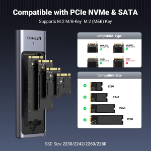 UGREEN M.2 Nvme & SATA SSD Enclosure Reader, 10Gbps USB C 3.2 Gen2, Thunderbolt 3 Compatible, Nvme NGFF External Enclosure with Silicone Case Supports M and B&M Keys 2230/2242 /2260/2280 Ssds