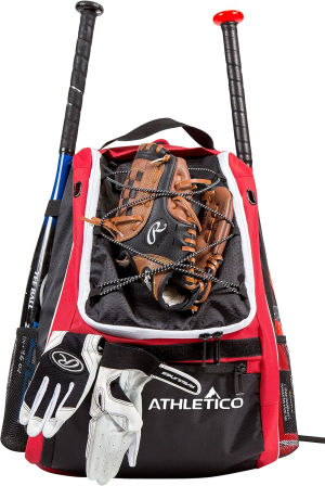 Athletico Baseball Bat Bag – Backpack for Baseball, T-Ball & Softball Equipment & Gear for Youth and Adults | Holds Bat, Helmet, Glove, Shoes |Shoe Compartment & Fence Hook