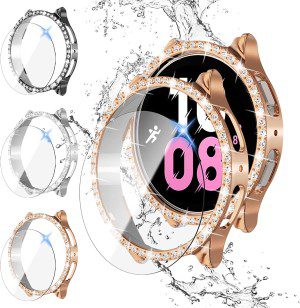 Yjlink【3+3Pack】Screen Protector for Galaxy Watch 5 Galaxy Watch 4 40Mm Bling Diamond Case,Hard PC Cover Bumper and Anti-Fog Tempered Glass Protective Film for Samsung Watch 5 Watch 4 Smartwatch 40Mm Accessories Women