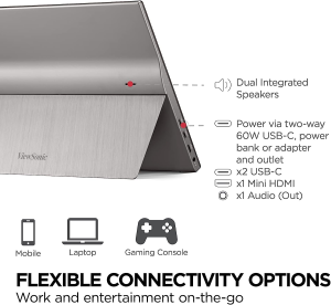 Viewsonic Portable Monitor  Tilt Ergonomics, USB-C, Eye-Care, Dual Speaker, Lightweight