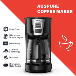 AUSPURE Coffee Maker, 12 Cup, Programmable Drip Filter Coffee Machine with Keep-Hot, Strength Control, LCD Display, Permanent Mesh Filter, Sleek Black Design, Ausbrew-1812