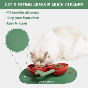 VETRESKA Cat Food Bowl Ceramic Cat Bowls for Food and Water Tilted Puppy Cat Feeding Bowl Relieve Whisker Fatigue Cherry Cat Bowls anti Vomit Wide Shallow Cat Dishes Non-Slip Medium Small Dog Pet Bowl