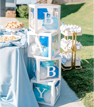 61Pcs Baby Shower Decorations Boxes for Boys&Girls, 30 Party Balloons (Blue&White), 4 Transparent Balloon Boxes with 27 Letters, Include BABY+A-Z, Baby Blocks for Baby Shower, Birthday Decorations