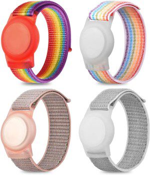 (4 Pack) Kiewhay Bracelet Band for Airtag, Nylon Wristband Band GPS Tracker Holder Protective Case Compatible with Apple Air Tag, Anti-Lost Colorful Breathable Strap Loop for Child,Toddler,Kids