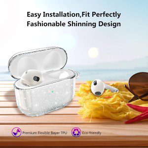 Aircawin for Airpods 3 Case Clear Glitter,Sparkle Bling Clear Case for Airpods 3Rd Generation Case Cover 2021,Full Protective Shockproof Soft TPU Case for Airpod 3 Charging Case with Carabiner-Glitter