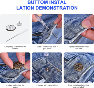 Manzella 12 Sets Adjustable Buttons for Jeans, 17Mm No Sew Instant Metal Buttons, Removable Jean Buttons Replacement Repair Kit with Threads Rivets and Screwdriver