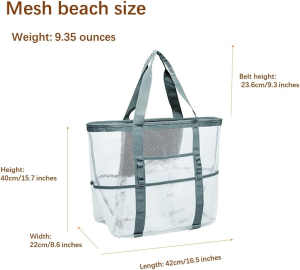 Tuxiaobu Mesh Beach Tote Bag, with Insulated Cooler Compartment and Adjustable Shoulder Strap, Extra Large Pool Picnic Cooler Bag with Zipper Closure, Top Beach Handbag for Unisex