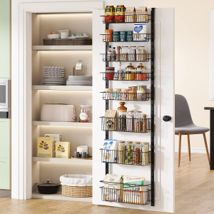 MOTYYA over the Door Pantry Organizer, 8-Tier Adjustable Baskets Pantry Organization and Storage, Metal Door Shelf with Detachable Frame, Space Saving Hanging Spice Rack for Kitchen Pantry Bathroom