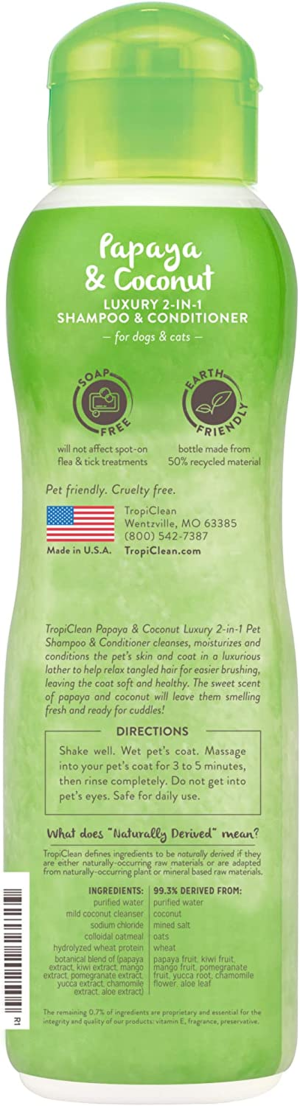 Tropiclean Paypaya and Coconut 2-In-1 Luxury Dog Shampoo and Conditioner 355Ml