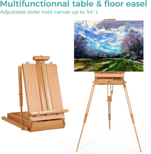 VISWIN French-Style Easels, Holds Canvases up to 34″, Studio & Field Sketch Box Easel with Level Instrument & Scale Leg, Beech Wood Portable French Easel Stand for Painting, Sketching