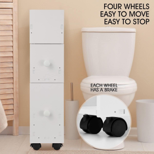 Bathroom Cabinet Wheeled 2 Drawers Storage Organiser Toilet Tallboy Tissue Box Holder White