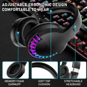 Wireless Bluetooth Headphone with Noise Cancellation Hifi Stereo Sound Mic Deep Bass Protein Earpad Rainbow RGB Backlight Rechageable over Ear Headset for PC Mac Game Travel Class Home Office(Black)