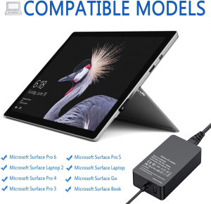 Surface Pro Charger Surface Laptop Charger 65W 15V 4A Power Supply Compatible Microsoft Surface Pro7/6/5/4/3/X Surface Laptop1/2/3 Surface Go1/2 Surface Book 1/2 with 5V USB Charging Port