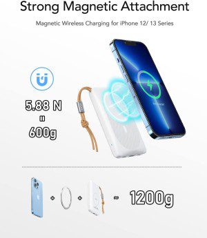 VRURC Magnetic Power Bank, 10000Mah Wireless Portable Charger, 20W Fast Charging with USB-C, Battery Pack for Iphone 15/15 Plus/15 Pro/15 Pro Max, Iphone 14/13/12 Series with Finger Holder, White