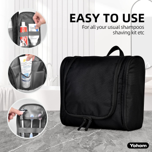 YOHOM Toiletry Travel Bag with Hanging Hook, Fabric Travelling Light Hanging Toiletry Bag for Men & Women Foldable Kit Shaving Bag for Travelling/Gym/Camping/Daily Use, (Large Size, Black)