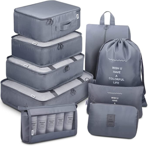 Packing Cubes, 9 Set Packing Cubes with Shoe Bag & Electronics Bag – Luggage Organizers Suitcase Travel Accessories (Grey)