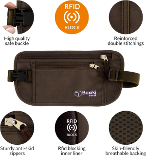 Boxiki Travel Hidden Money Belt for Men & Women – RFID Blocking Waist Pack for Passport, Wallet & Phone – Safe and Secure for Travel