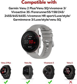 (3 Pack)T Tersely Band for Garmin Venu 2 Plus/Venu Sq/Venu/Vivomove 3/Vivoactive 3/Forerunner 245/245 Music/645/645 Music/Vivomove Trend, 20Mm Silicone Cross Grain Sport Watch Bands Quick Release Straps for Garmin