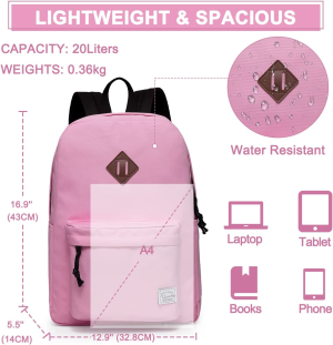 Vaschy Women Backpack,Classic Basic Waterproof Foldable Daypack for Sports and Traveling School Book Bag for Boys and Girls Pink