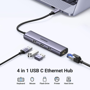 UGREEN USB C to Ethernet Adapter, 4 in 1 Multiport Hub with Gigabit RJ45, 3 X USB 3.0 Ports Compatible with Macbook Pro Air, Mac Mini, Ipad, Galaxy S23, Iphone 15/Plus/Pro/Pro Max, Surface Book, Dell