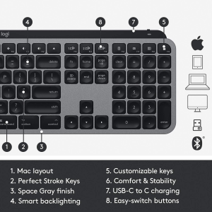 Logitech MX Keys Advanced Wireless Illuminated Keyboard for Mac, Backlit LED Keys, Bluetooth,Usb-C, Macbook Pro,Macbook Air,Imac, Ipad Compatible, Metal Build