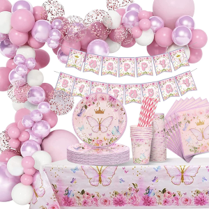 Yuanbigtai 135Pcs Birthday Party Supplies,Pink Butterfly Birthday Party Tableware with Birthday Banner,Paper,Plates,Pink Balloons,Tablecloths Cups,Napkins,Pink Birthday Decoration for Girls,16 Guests