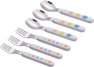 Exzact Kids Cutlery 6Pcs Stainless Steel 18/10 Children’S Cutlery Set 3 X Forks, 3 X Dinner Spoons Plastic Handle, Toddler Utensils BPA ? Stars & Dots (3 Forks + 3 Spoons)