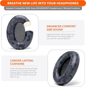 WC Wicked Cushions Replacement Ear Pads for Sony WH1000XM3 Over-Ear Headphones – Softer PU Leather Cushions, Luxurious Noise Isolating Memory Foam, Added Thickness (2021 Updated) (Black Camo)