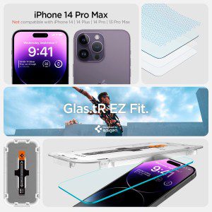 SPIGEN EZ Fit Glas.Tr Slim (Sensor Protection) Screen Protector Designed for Apple Iphone 14 Pro Max (2022)[6.7-Inch] Auto Alignment Kit Premium Tempered Glass [2-Pack] – Clear