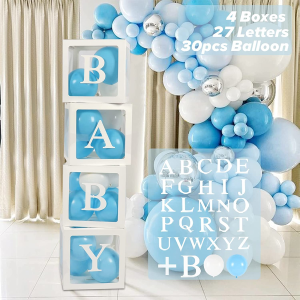 61Pcs Baby Shower Decorations Boxes for Boys&Girls, 30 Party Balloons (Blue&White), 4 Transparent Balloon Boxes with 27 Letters, Include BABY+A-Z, Baby Blocks for Baby Shower, Birthday Decorations