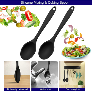 Silicone Serving Spoons, Silicone Spoons for Cooking, Non-Stick Mixing Spoons 27 Cm, Seamless Silicone Spoon 27 Cm | Resistant to 250℃ High Heat | Dishwasher Safe | Set of 2 (2X Black)