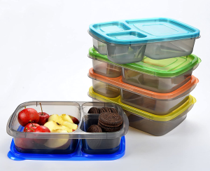 Youngever 7 Pack Bento Lunch Box, Meal Prep Containers, Re-Usable 3 Compartment Plastic Divided Food Storage Container (Rainbow)