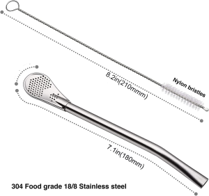 Straw Bundle Reusable Stainless Steel Drinking Straws with Filter Spoon,2 Pieces Drinking Straws with 1 Pieces Cleaning Brushes Set for Yerba Mate and Loose Leaf Tea, 7.1Inch Long