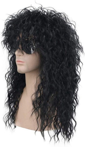 Karlery 70S 80S Rocker Metal Wig Mens Long Curly Black Party Wig Halloween Costume Anime Wig