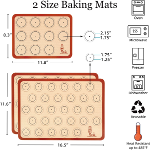 Silicone Macaron Baking Mat Half Sheet – Set of 3 (2 Half Sheet and 1 Quarter Sheet), Non Stick Silicon Oven Liner for Macaroons and Cookies, by Folksy Super Kitchen (16.5X11.6, Red)